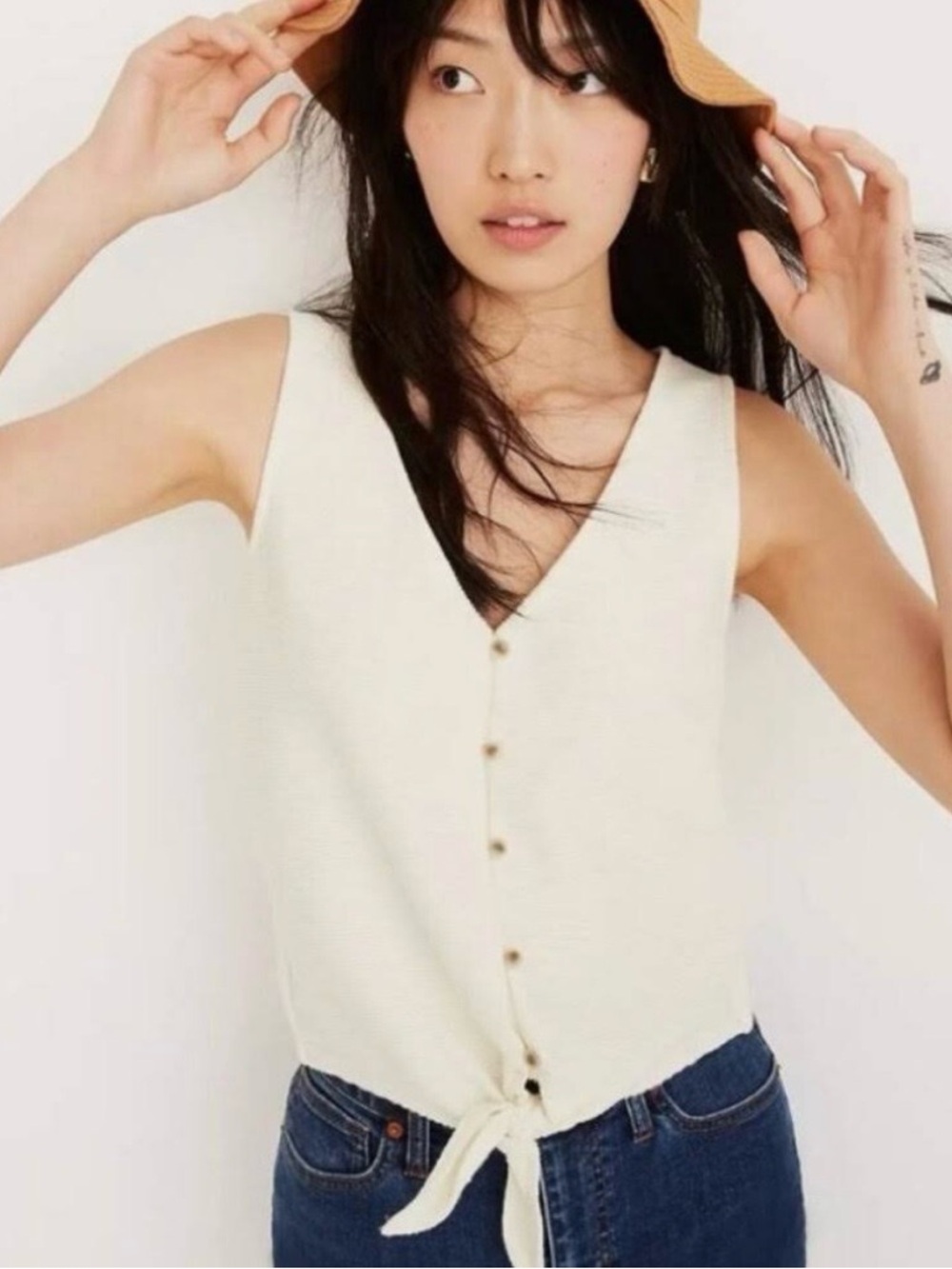 Madewell Cream Button-Front Tie-Hem Tank